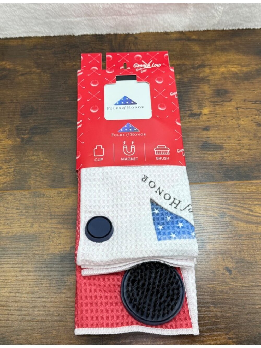 Folds Of Honor Groove Low Golf Towel With Clip Magnet & Brush - Red/White